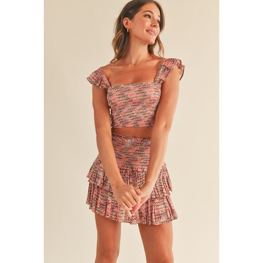 Reset by Jane Flutter CHERIE SMOCKED Top & Smocked Mini Skirt Set Size Small NWT
